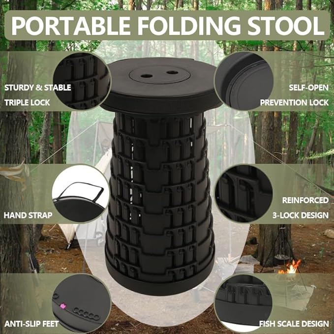 Collapsible Stool Chair, Max 660lb Upgraded Folding Stool, Lightweight, Sturdy, Adjustable, Portable, Foldable Seat Stools for Outdoor Camping Fishing Hiking BBQ