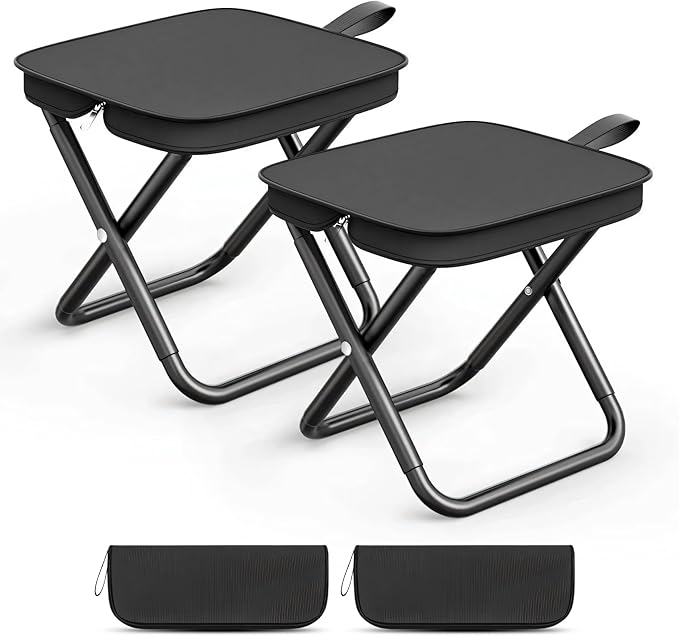 Camping Stools Set of 2, 10.6 Inch Small Portable Folding Chair with Carry Bag, Collapsible Camp Stools for Adults, Outdoor Footstool for Picnic Hiking Fishing, Hold Up to 220 LBS, Easy Setup, Black
