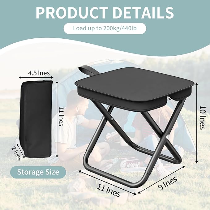 Camping Stools Set of 2, 10.6 Inch Small Portable Folding Chair with Carry Bag, Collapsible Camp Stools for Adults, Outdoor Footstool for Picnic Hiking Fishing, Hold Up to 220 LBS, Easy Setup, Black