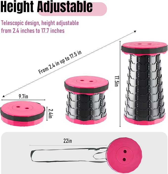 Upgraded Foldable Stool Thickened, Portable Collapsible Stool Retractable Stool for Fishing, Hiking Tours, BBQ, Parties, Outdoor Activities（Pink）