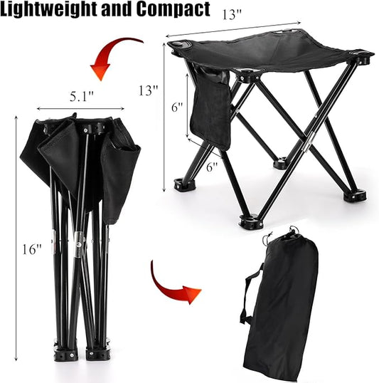 2 Pack Camping Stool, 13 Inch Compact Camping Chair Portable, Lightweight Folding Stool Seat with Side Pocket and Carry Bag for Outdoor Hiking, Fishing, Picnic, Beach and Lawn Party, Black