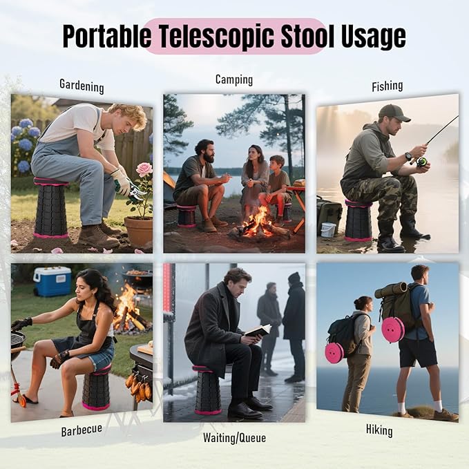 Upgraded Foldable Stool Thickened, Portable Collapsible Stool Retractable Stool for Fishing, Hiking Tours, BBQ, Parties, Outdoor Activities（Pink）